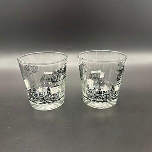 Vintage Cocktail Glasses Libbey Doubles Rocks Transportation Train Stage Coach
